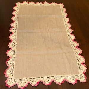 Vintage Taupe Table Runner Doily with Pink Crochet Edges